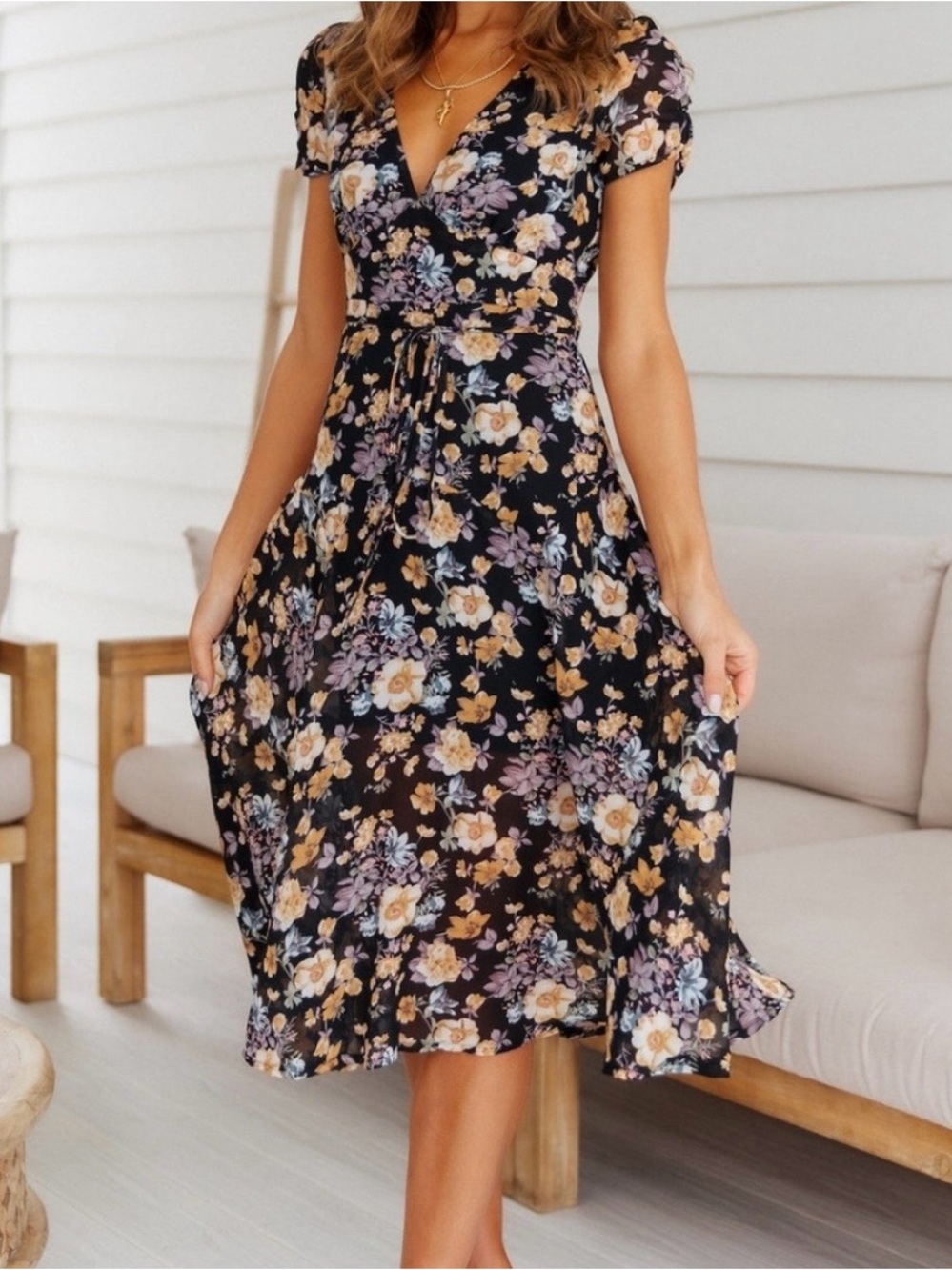 Hello Molly Black Floral Midi Dress with Yellow & Lavender Blooms